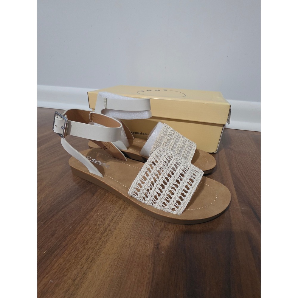Soda Sibley-S Sandals Women 8 Bone Crochet Ankle Strap Flat NEW